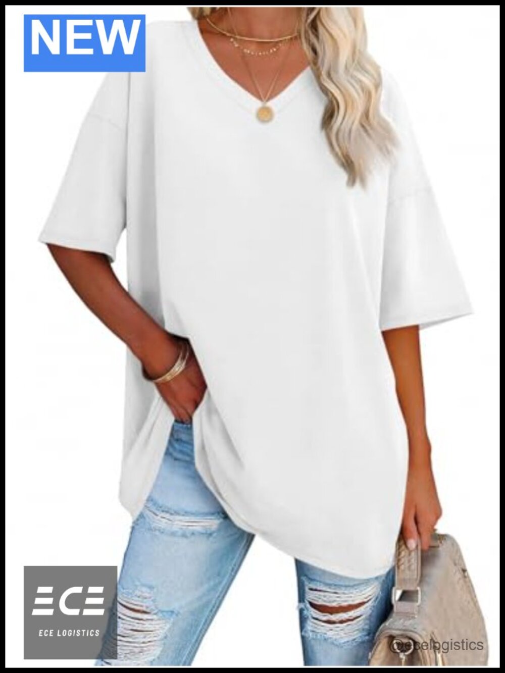 Oversized V-Neck Tunic Tee Cotton Blend Half Sleeve Summer Top